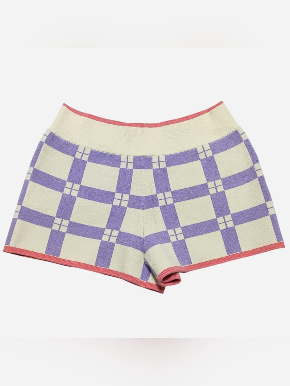 Anthropologie Daily Practice Cream & Purple Check Sweater Shorts Women's Medium - Picture 3 of 10